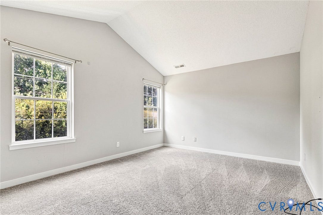 Vaulted ceiling with a neutral color palette, two double-hung windows, and light gray wall-to-wall carpeting