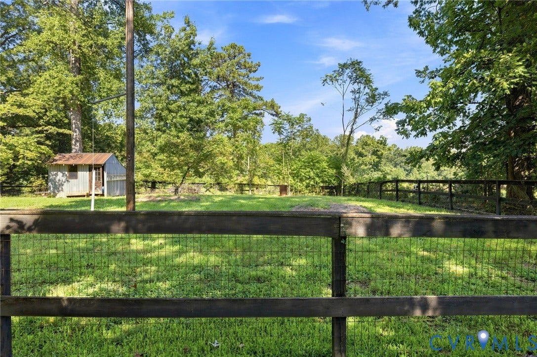 2707 Academy Road, Powhatan, VA 23139 Expansive green space with perimeter fencing, a utility shed, and mature trees