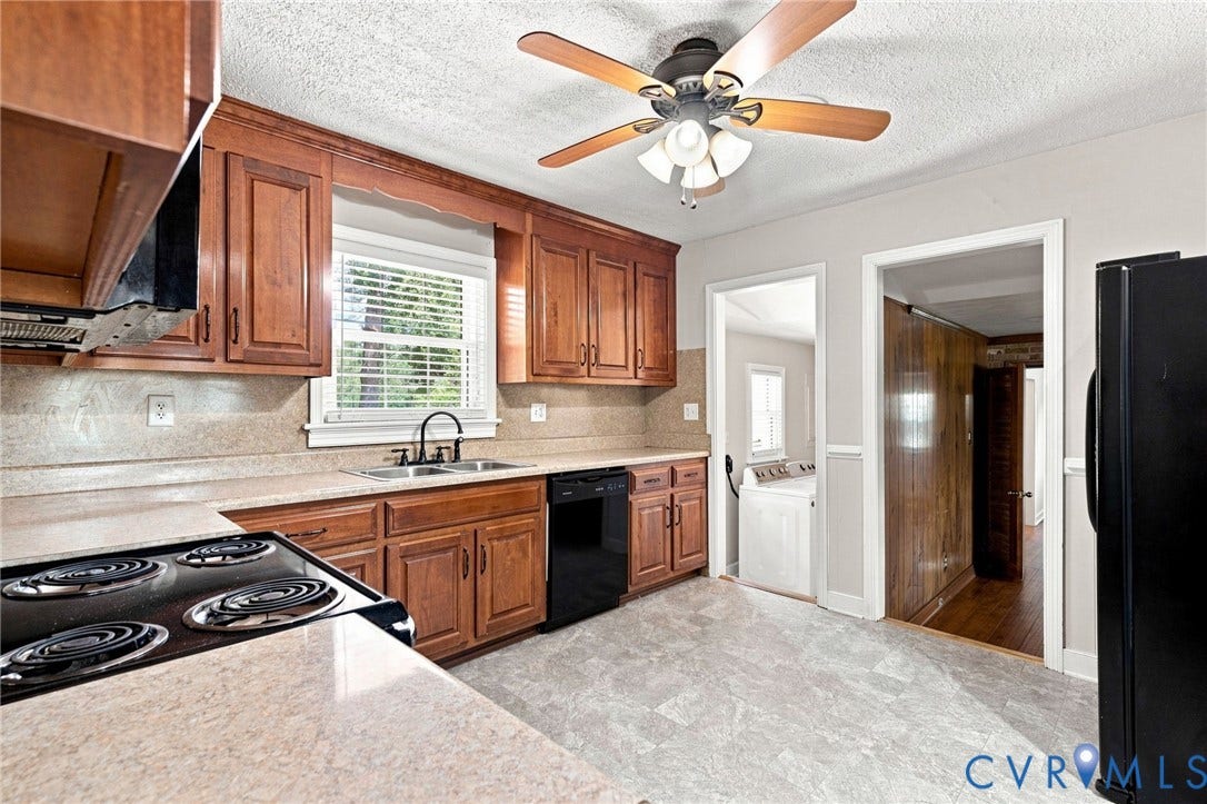 2707 Academy Road, Powhatan, VA 23139 Kitchen featuring wood cabinetry, stone-finish countertops, tile flooring, and a ceiling fan