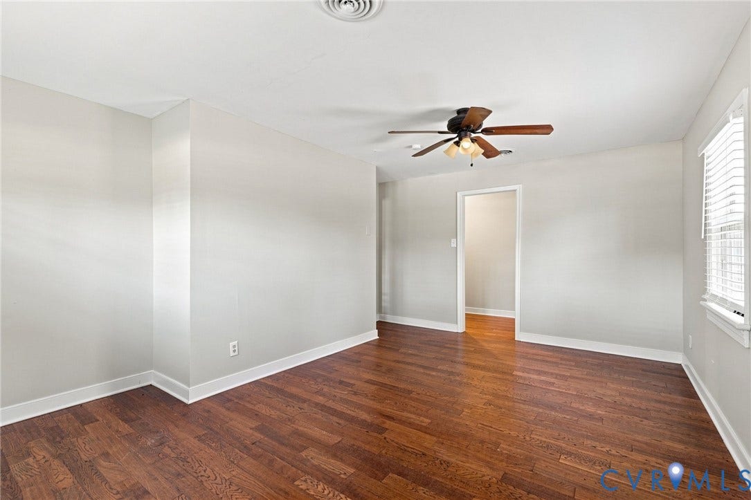 2707 Academy Road, Powhatan, VA 23139 Wood-finish flooring, white trim, recessed lighting, ceiling fan with light kit, and natural light from a window with blinds