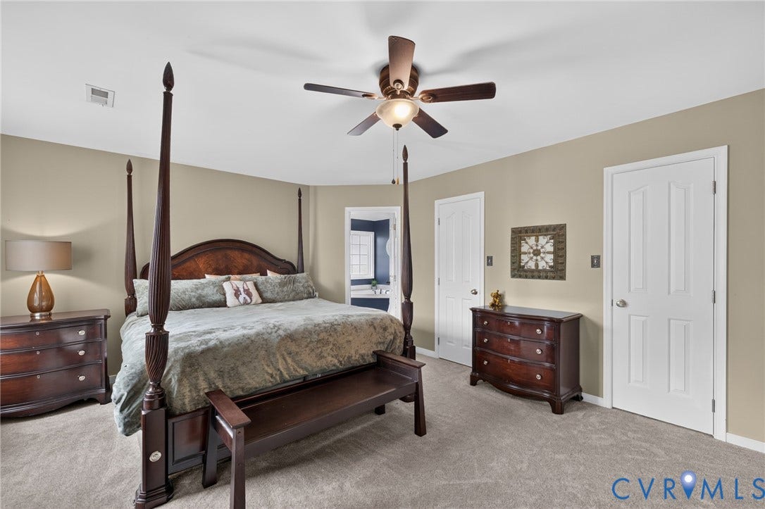 937 Gorham Court, Midlothian, VA 23114 Primary Bedroom with walk in closets and ceiling fan