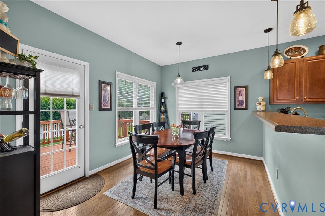937 Gorham Court, Midlothian, VA 23114 Bright dining area showcasing hardwood flooring, and abundant natural light from multiple French doors and windows