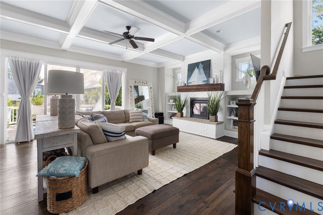 16206 Mitchells Mill Court, Midlothian, VA 23112 Family room with coffered ceiling and brick gas fireplace.