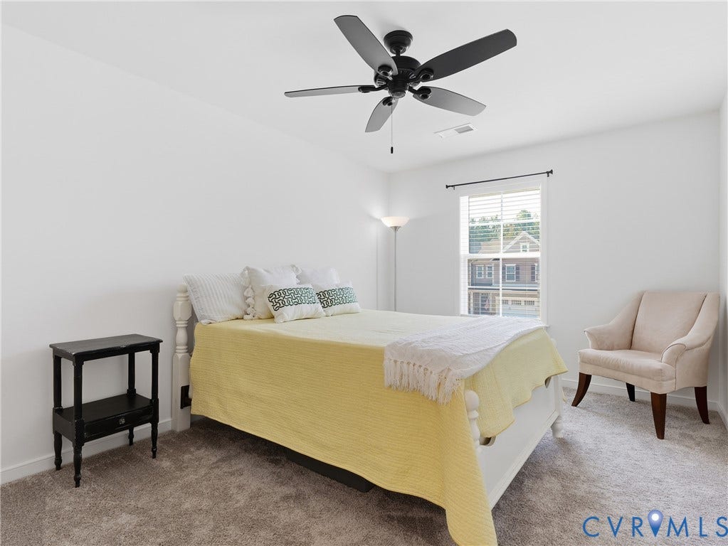 9220 Cerulean Place, Mosaic At West Creek, Goochland, VA 23238 White walls, dark ceiling fan, window with blinds, and light-toned carpeting
