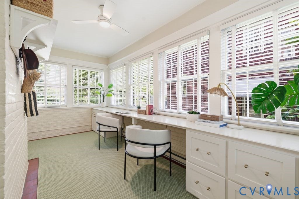 4117 W Franklin Street, Malvern Gardens, Richmond, VA 23221 Bright room featuring multiple windows with blinds, a built-in desk, and integrated cabinetry