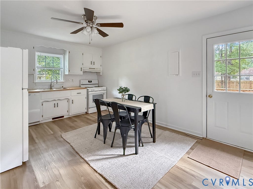 3203 Roland View Terrace, Chester, VA 23831 Kitchen featuring white cabinetry, wood-finish flooring, white subway tile backsplash, and a ceiling fan with light fixture