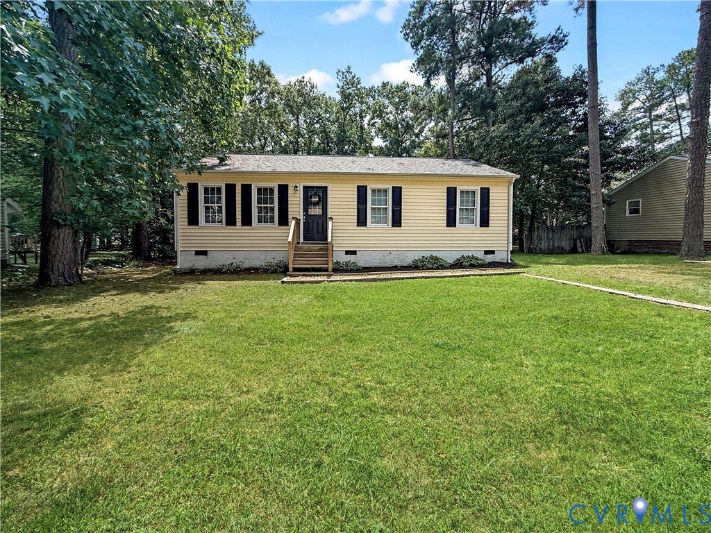 3203 Roland View Terrace, Chester, VA 23831 Single-story dwelling with yellow siding, black shutters, and a front entry with wood steps