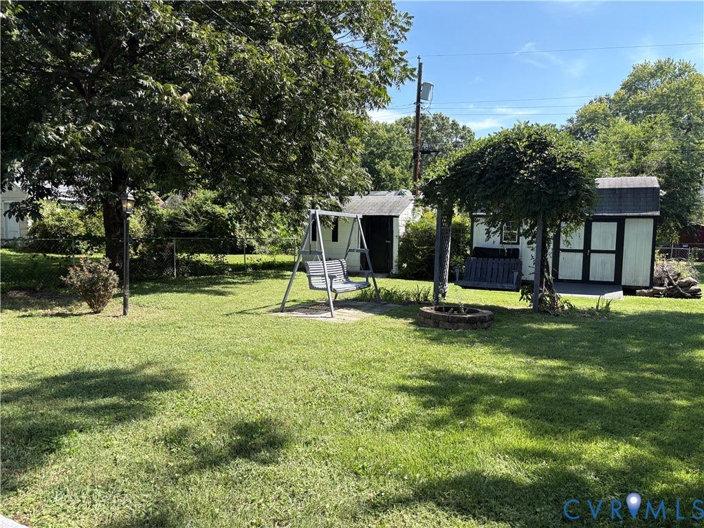 6211 Clover Lane, Lakeside, Henrico, VA 23228 Expansive lawn with mature trees, two storage sheds, and a built-in fire pit