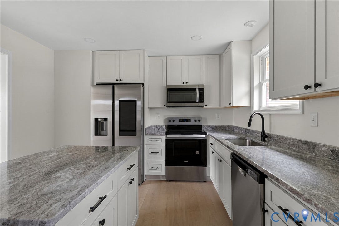 3924 Lamplighter Drive, Richmond, VA 23234 Kitchen featuring white cabinetry, gray patterned countertops, stainless steel appliances, and light wood-finish flooring