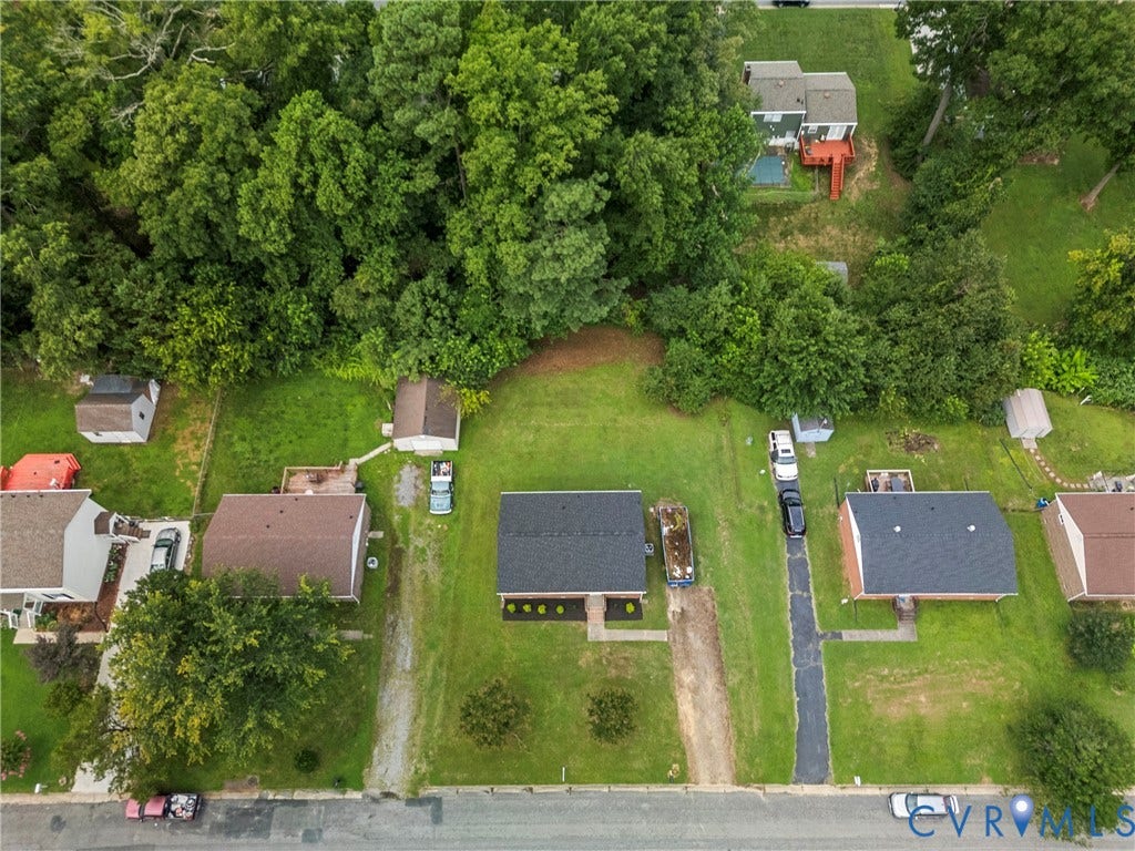 3924 Lamplighter Drive, Richmond, VA 23234 Aerial perspective showcasing a property with a dark shingle roof, surrounded by mature trees