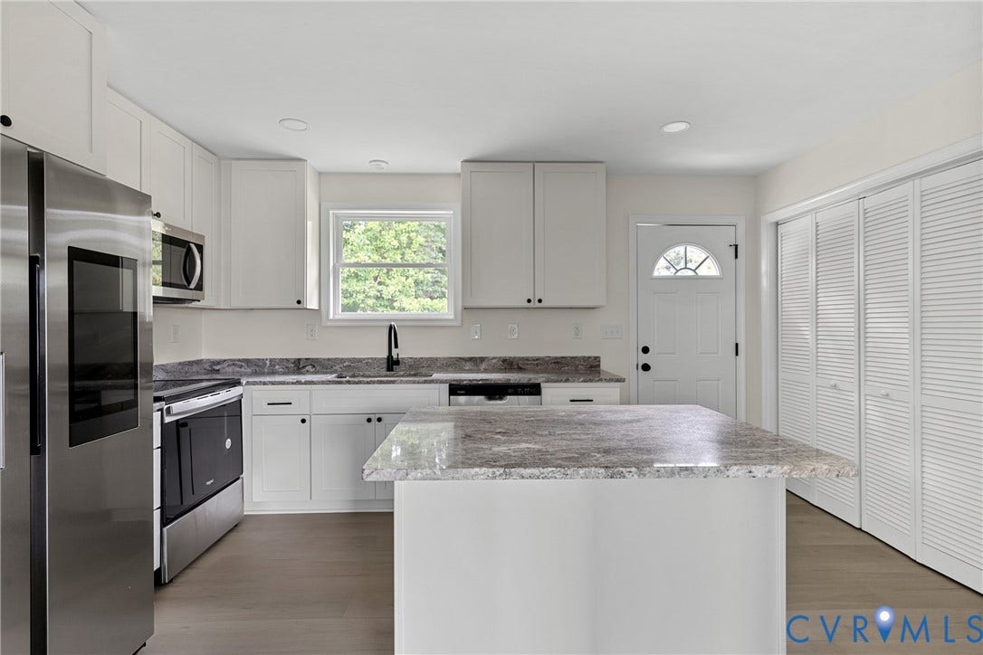 3924 Lamplighter Drive, Richmond, VA 23234 Modern kitchen featuring a central island with a stone countertop, white shaker-style cabinetry, and stainless steel appliances
