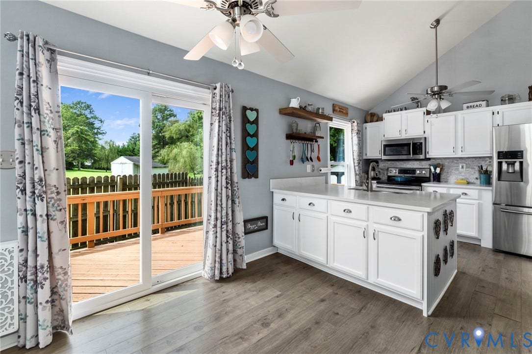 10138 Alberta Circle, Chesterfield, VA 23832 Kitchen featuring an island with white cabinetry and an undermount sink, stainless steel appliances, and wood-finish flooring