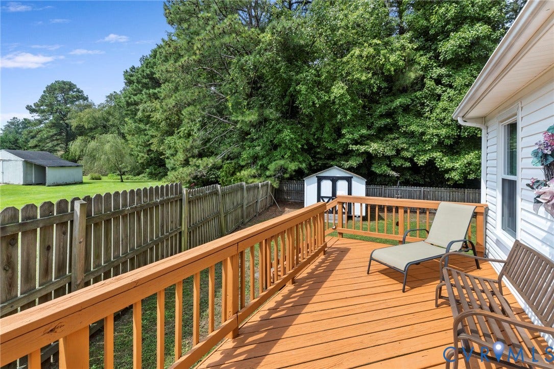 10138 Alberta Circle, Chesterfield, VA 23832 Wood deck with wood railing, white exterior siding, and a detached storage shed