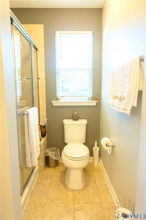 11617 Vicars Ridge Lane, Glen Allen, VA 23059 Glass-enclosed shower, neutral tile flooring, white toilet, window with blinds, and towel bar