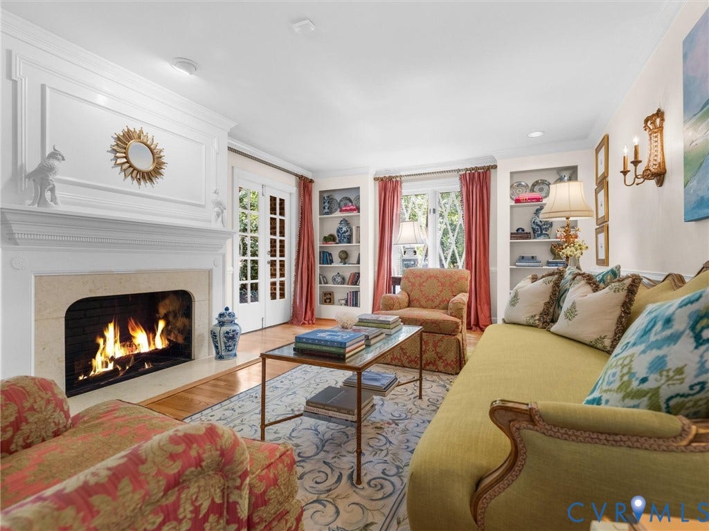 500 Kilmarnock Drive, Collegiate Area, Henrico, VA 23229 White fireplace with ornate mantel, stone hearth, and integrated firebox