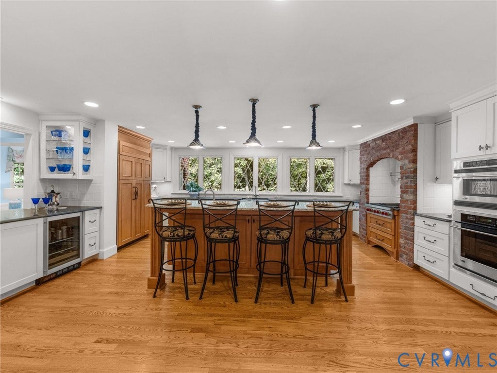500 Kilmarnock Drive, Collegiate Area, Henrico, VA 23229 Kitchen featuring a central island, recessed lighting, wood-finish flooring, white cabinetry, and stainless steel appliances