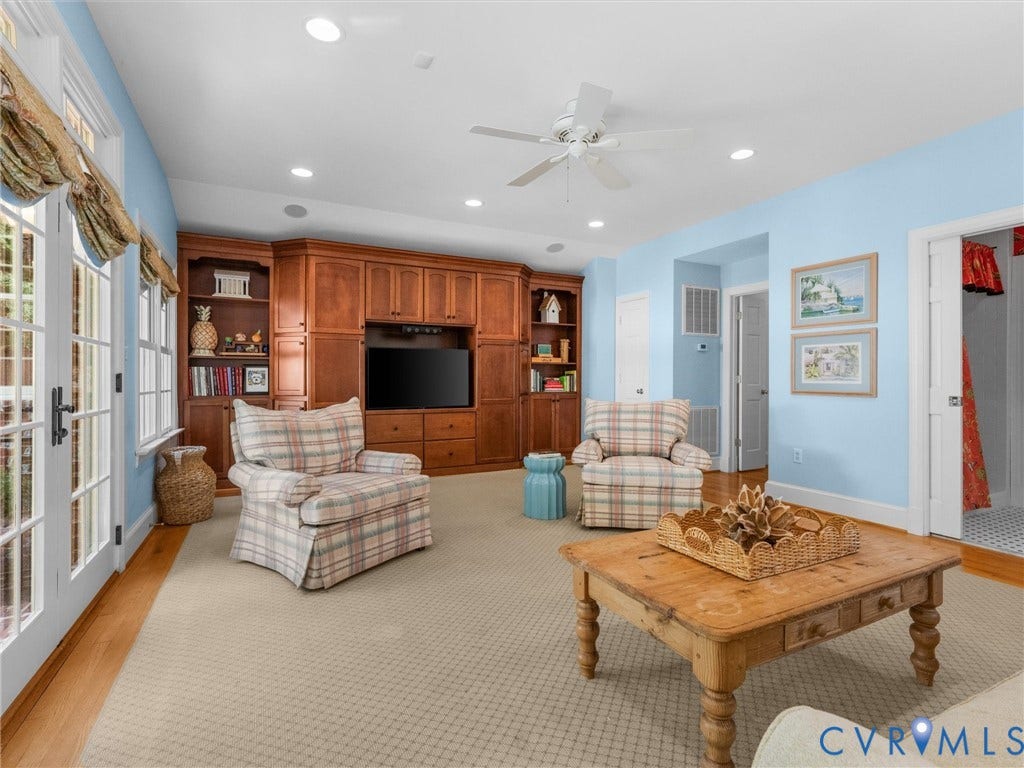 500 Kilmarnock Drive, Collegiate Area, Henrico, VA 23229 Built-in wood cabinetry with integrated media center, recessed lighting, ceiling fan, carpeted flooring, and French doors with transoms