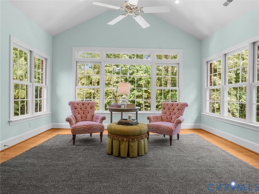 500 Kilmarnock Drive, Collegiate Area, Henrico, VA 23229 Vaulted ceiling with a ceiling fan, abundant natural light from multiple windows, and wood-finish flooring