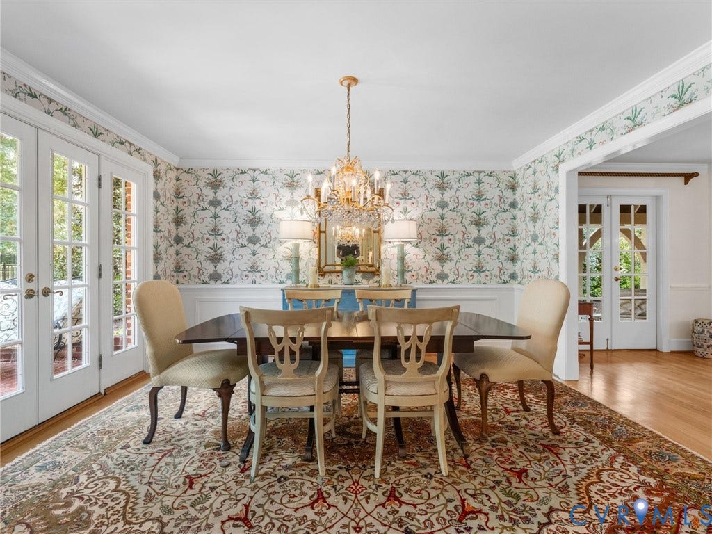 500 Kilmarnock Drive, Collegiate Area, Henrico, VA 23229 Hardwood flooring, chandelier lighting, decorative wall covering, white trim, and double French doors
