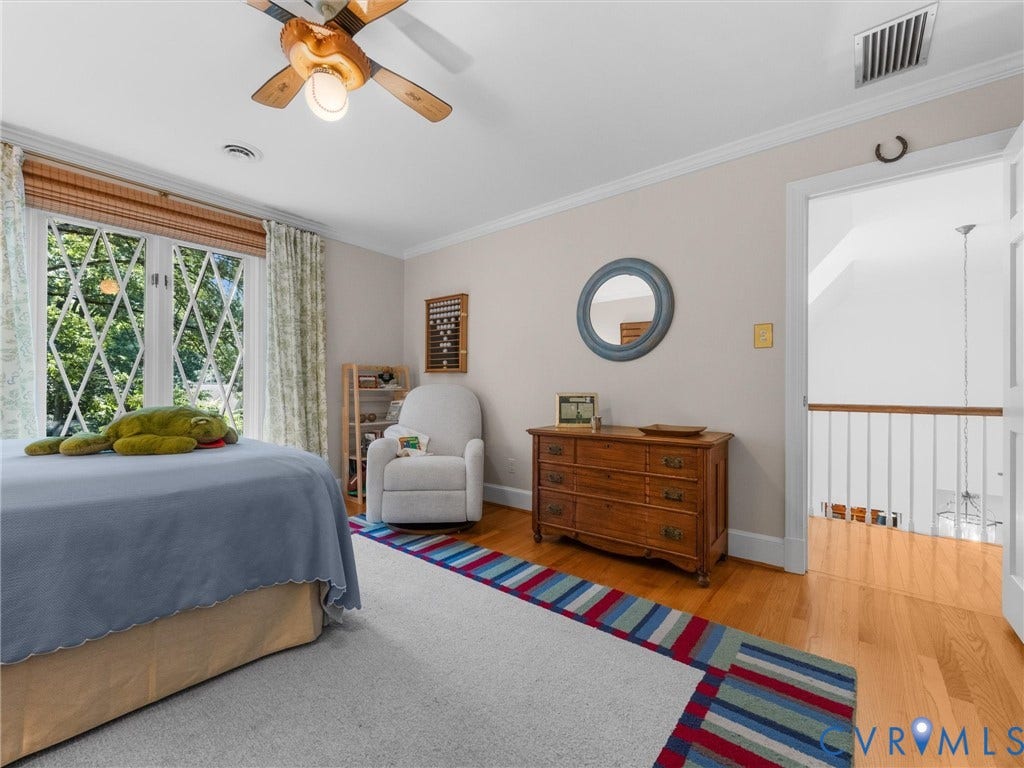 500 Kilmarnock Drive, Collegiate Area, Henrico, VA 23229 Hardwood flooring, diamond-pane windows, crown molding, and a ceiling fan