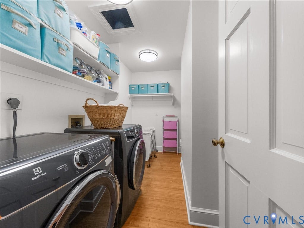 500 Kilmarnock Drive, Collegiate Area, Henrico, VA 23229 Laundry room with wood-finish flooring, white built-in shelving, and recessed lighting