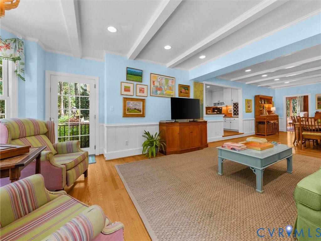 500 Kilmarnock Drive, Collegiate Area, Henrico, VA 23229 Hardwood flooring, white coffered ceiling, french doors, white wainscoting, built-in cabinetry