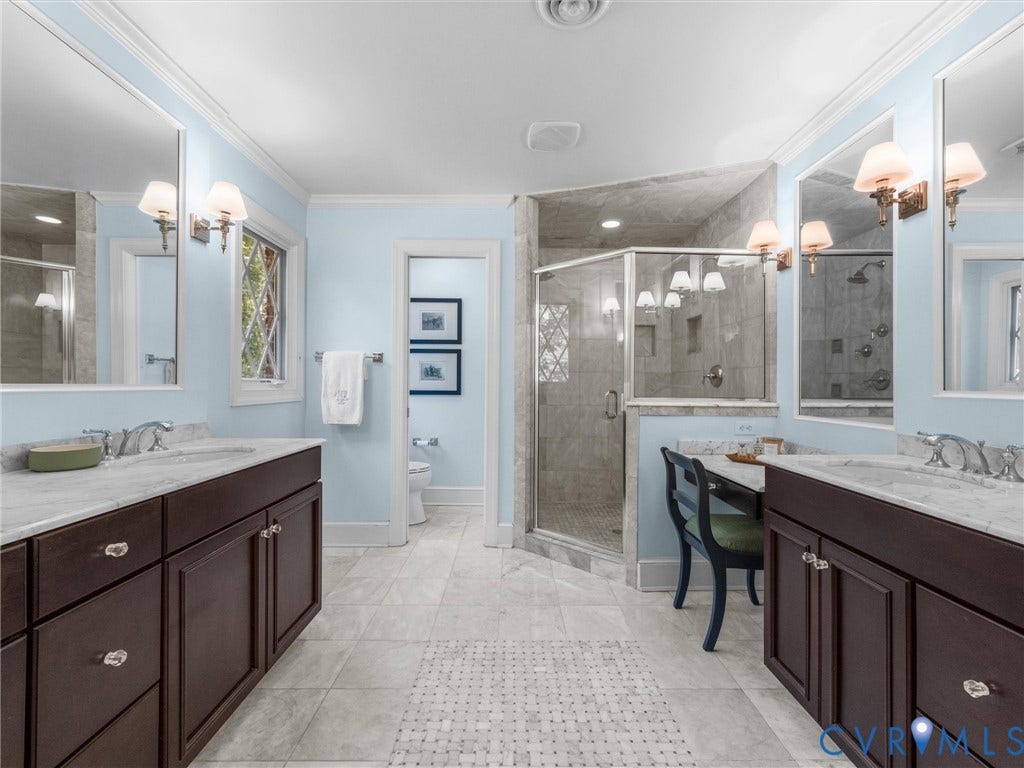 500 Kilmarnock Drive, Collegiate Area, Henrico, VA 23229 Dual vanity with marble countertops, a separate shower enclosure with a glass door, a built-in vanity station, and a decorative window