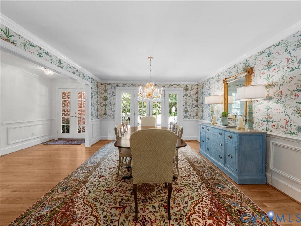 500 Kilmarnock Drive, Collegiate Area, Henrico, VA 23229 Hardwood flooring, decorative wainscoting, intricate wallpaper, double French doors, and a decorative chandelier
