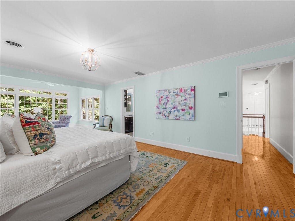 500 Kilmarnock Drive, Collegiate Area, Henrico, VA 23229 Hardwood flooring, multi-pane windows, a decorative ceiling light fixture, and a built-in vanity with a dark cabinet