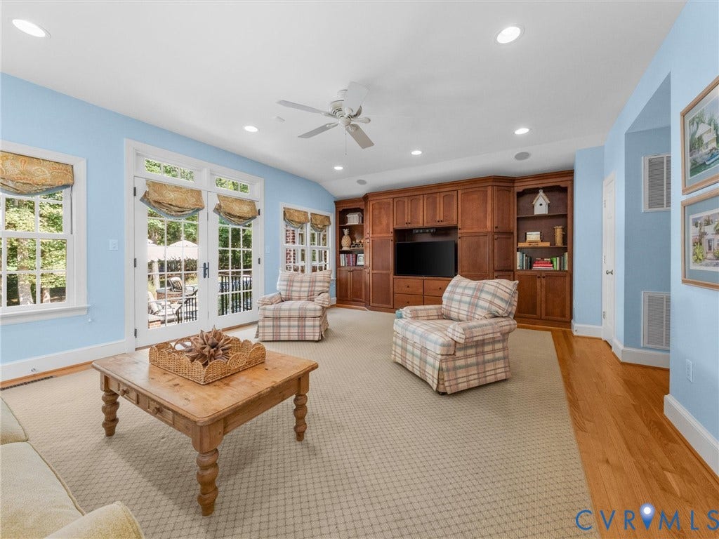500 Kilmarnock Drive, Collegiate Area, Henrico, VA 23229 Built-in cabinetry with integrated shelving, recessed lighting, ceiling fan, carpet flooring, and double French doors to the exterior