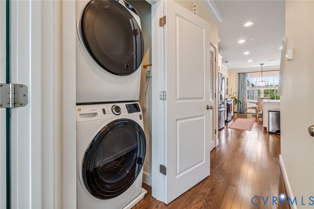 Laundry outside of the primary suite is one of 2 locations it can be situated.