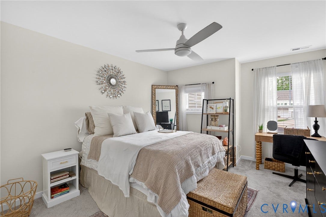 3700 Irby Pond Drive, Midlothian, VA 23112 Light-colored walls, ceiling fan, two windows with blinds, gray carpeted flooring, and a white nightstand