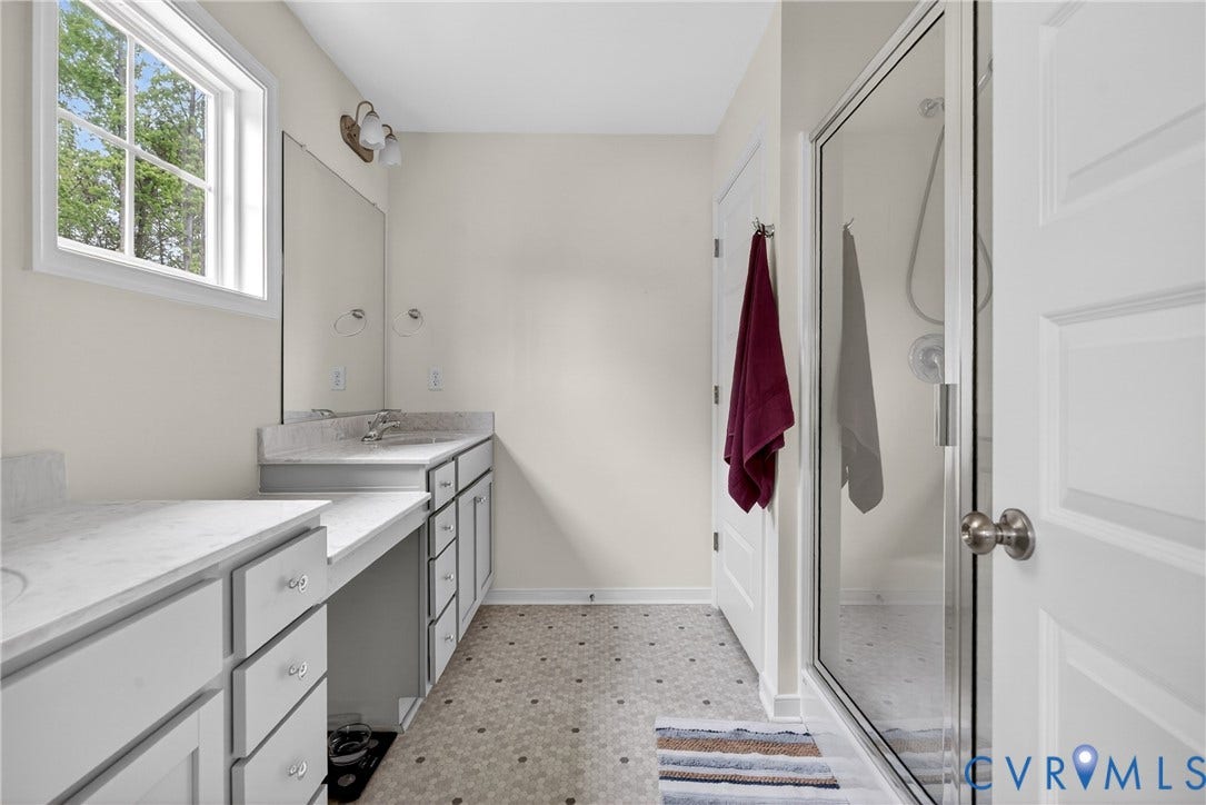 3700 Irby Pond Drive, Midlothian, VA 23112 Dual vanity with light-toned countertops, white cabinetry, and undermount sinks