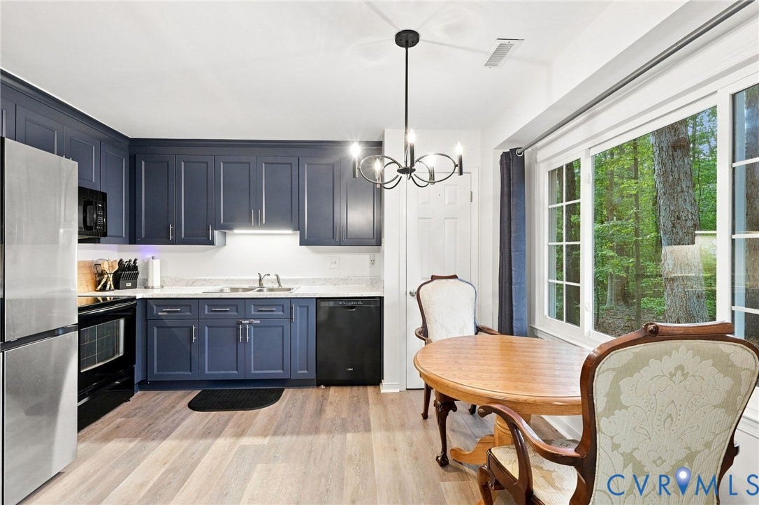 13700 Carriage Creek Place, Chesterfield, VA 23112 Kitchen featuring blue cabinetry, light-toned countertops, wood-finish flooring, a contemporary chandelier, and a large window