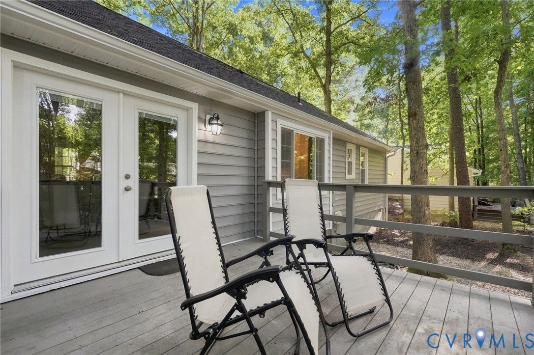 13700 Carriage Creek Place, Chesterfield, VA 23112 Exterior deck featuring a white French door, gray siding, and a dark shingle roof