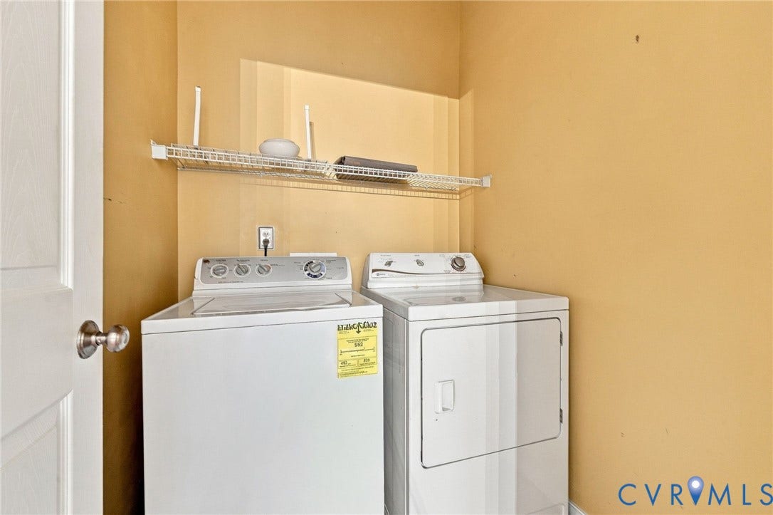 9619 Redwick Drive, Matoaca, Chesterfield, VA 23112 White top-loading washing machine and dryer with a wire shelf above
