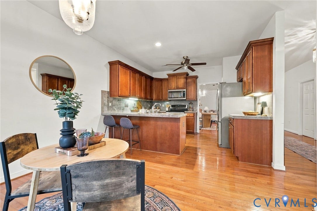 9619 Redwick Drive, Matoaca, Chesterfield, VA 23112 Hardwood flooring, wood cabinetry, stainless steel appliances, recessed lighting, and a ceiling fan