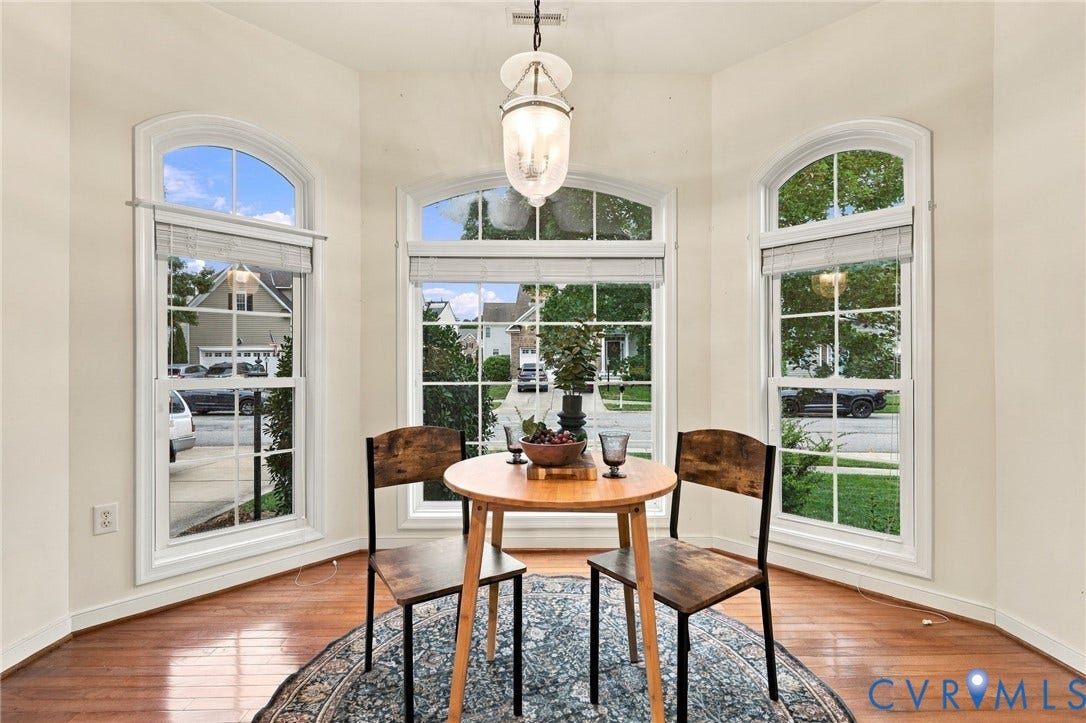 9619 Redwick Drive, Matoaca, Chesterfield, VA 23112 Bay window with three arched windows, wood-finish flooring, and a central pendant light fixture