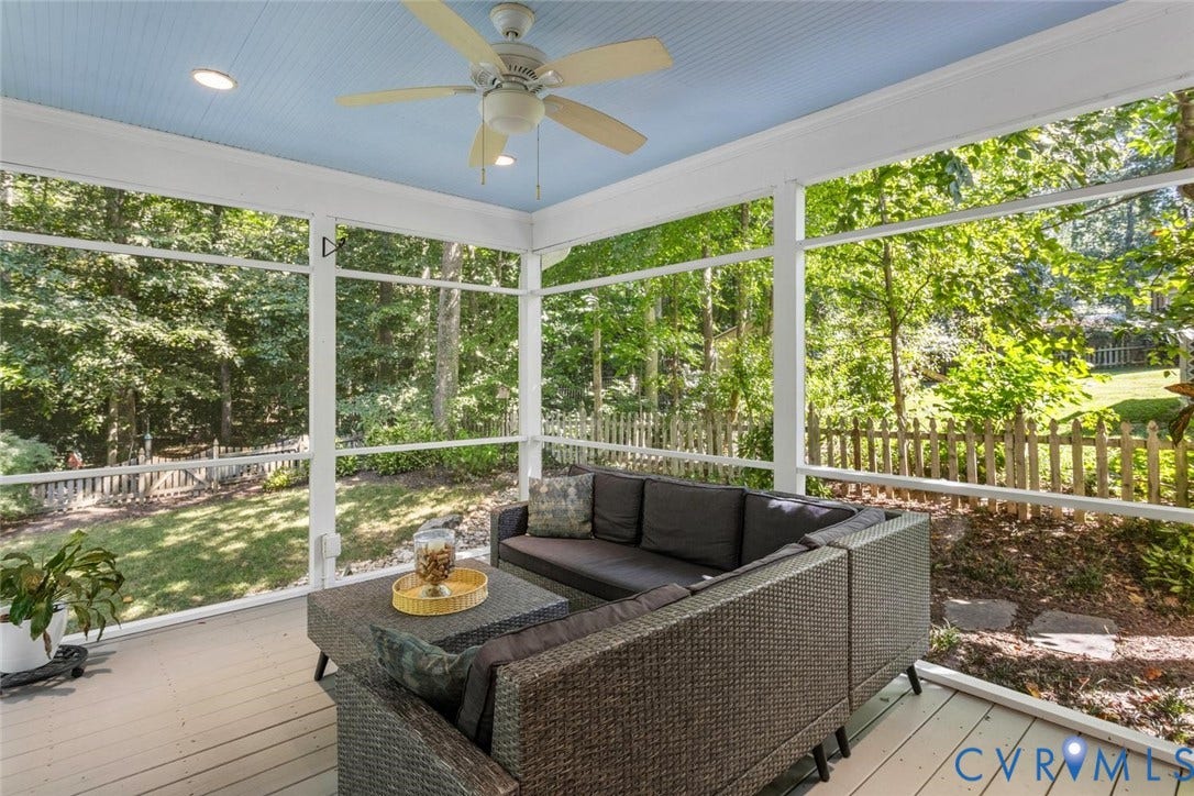 screened porch with recessed lighting, ceiling fan, countertop