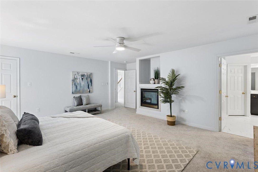 Closet in bedroom and in bathroom, ceiling fan, gas fireplace, new carpet