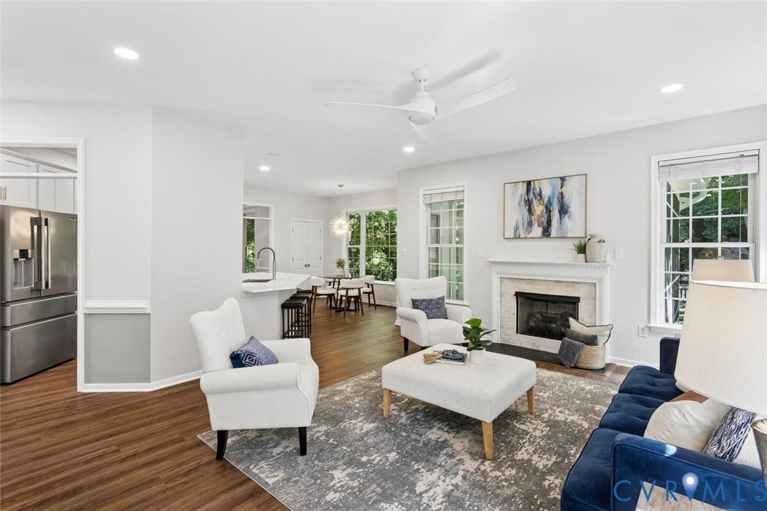 gas fireplace, ceiling fan, great flow