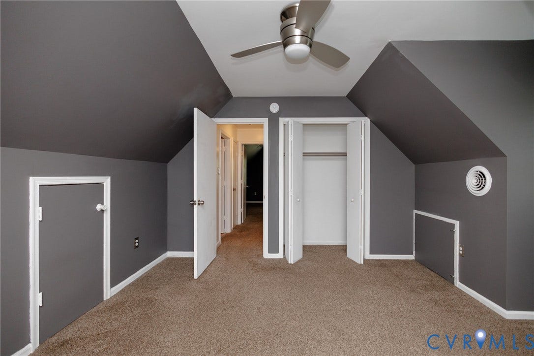 20520 Cox Road, Sutherland, VA 23885 Room with sloped ceilings, plush carpet flooring, and a ceiling fan