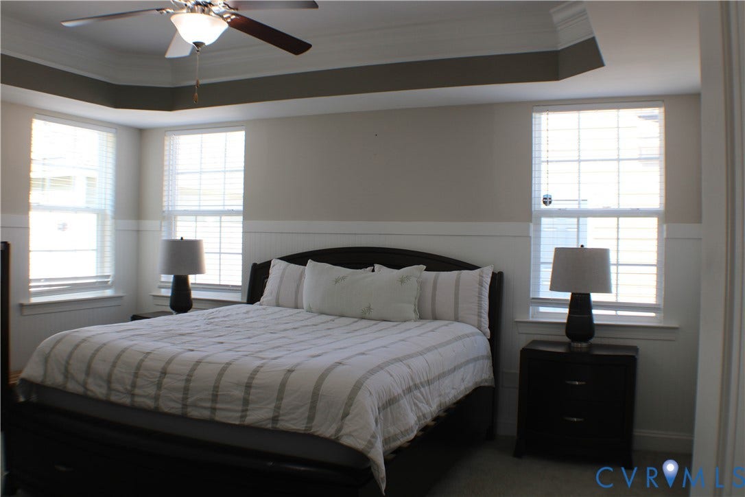 7016 Hawser Lane, Watermark, North Chesterfield, VA 23234 Light, bright, large! Beautifully detailed FIRST FLOOR PRIMARY BEDROOM w/ tray ceiling with crown, wainscoting, primary bath & walk in closet w/ organizers!