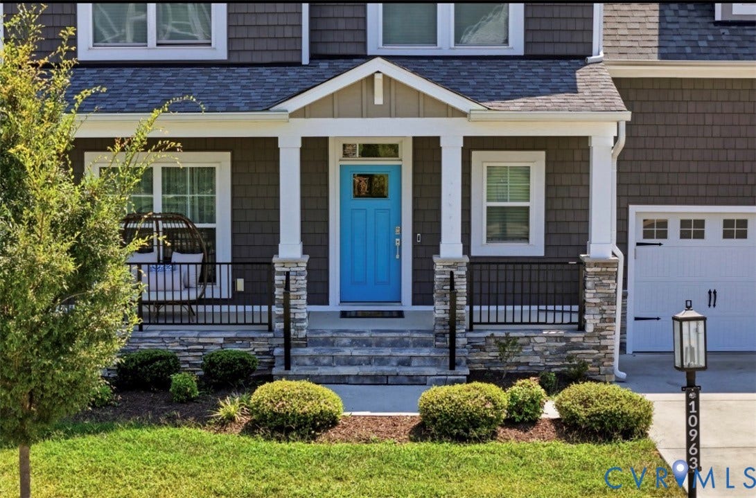 10963 Little Five Loop, Henrico, VA 23059 Shingle-style siding exterior with a covered porch, stone-wrapped columns, a vibrant blue entry door, and an attached garage