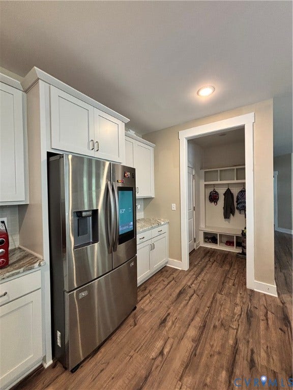 10963 Little Five Loop, Henrico, VA 23059 White shaker cabinetry, stainless steel refrigerator, wood-finish flooring, recessed lighting, and a built-in mudroom bench with storage