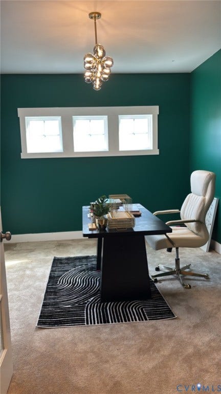 10963 Little Five Loop, Henrico, VA 23059 Carpeted room featuring a modern chandelier, deep green accent walls, and a transom window