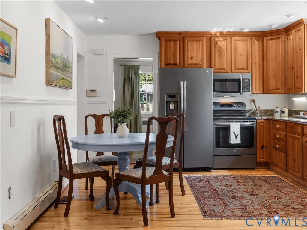 Hardwood flooring, wood cabinetry, stone countertops, stainless steel appliances, and recessed lighting