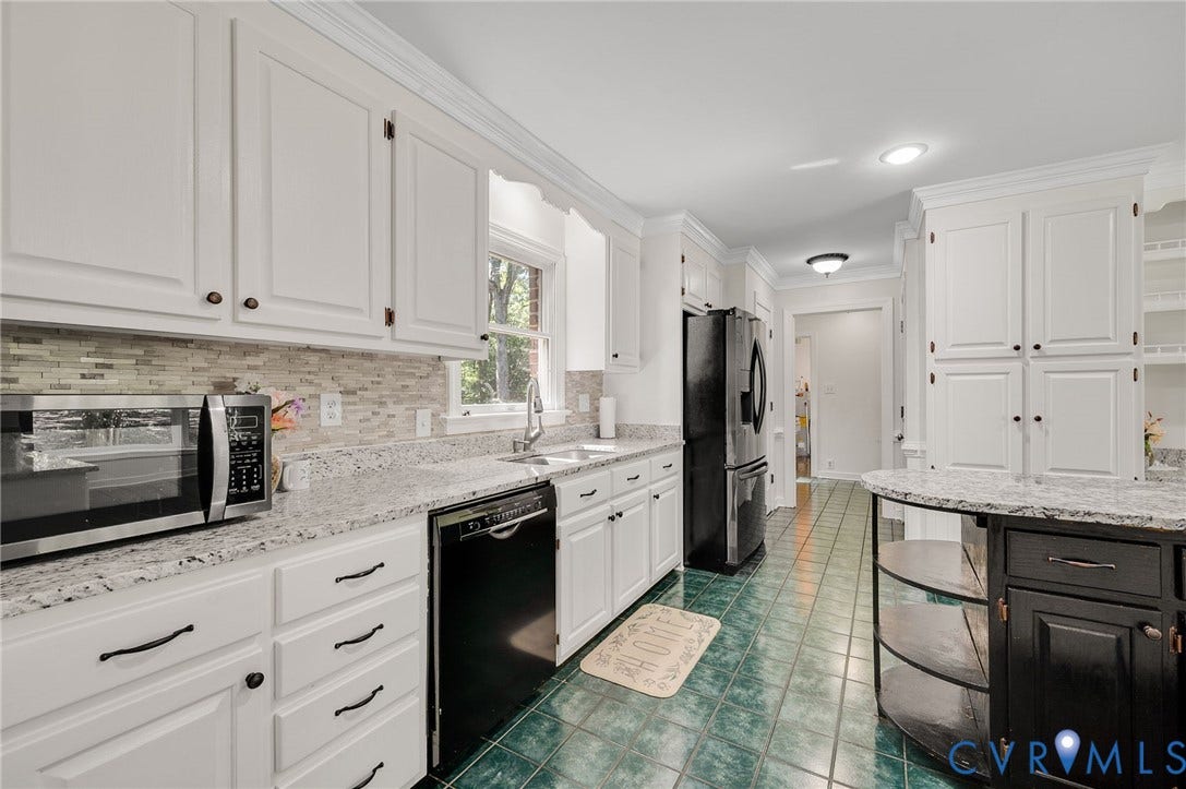 2409 Three Bridge Road, Rural, Powhatan, VA 23139 Kitchen featuring white paneled cabinetry, granite countertops, a mosaic tile backsplash, and green tile flooring