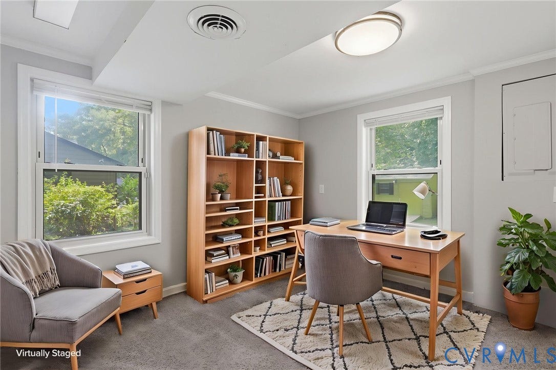 8349 Charlise Road, Oxford, Richmond, VA 23235 Dual windows with white trim, built-in shelving, recessed lighting, and crown molding