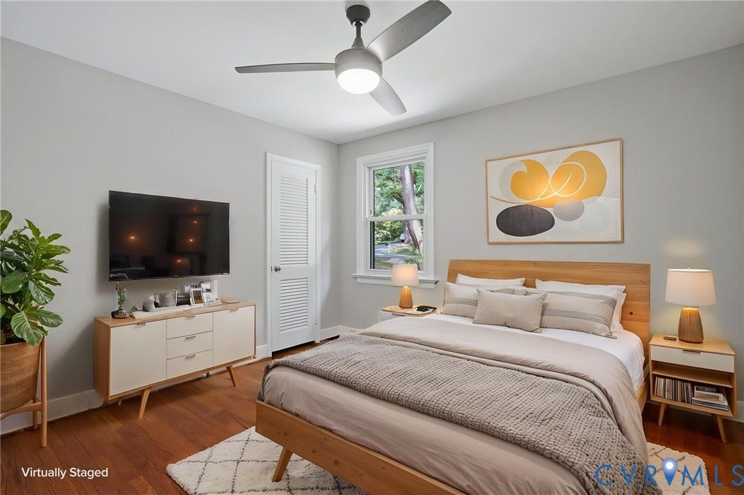8349 Charlise Road, Oxford, Richmond, VA 23235 Hardwood-finish flooring, white louvered door, ceiling fan with integrated lighting, recessed window, and light gray wall finish